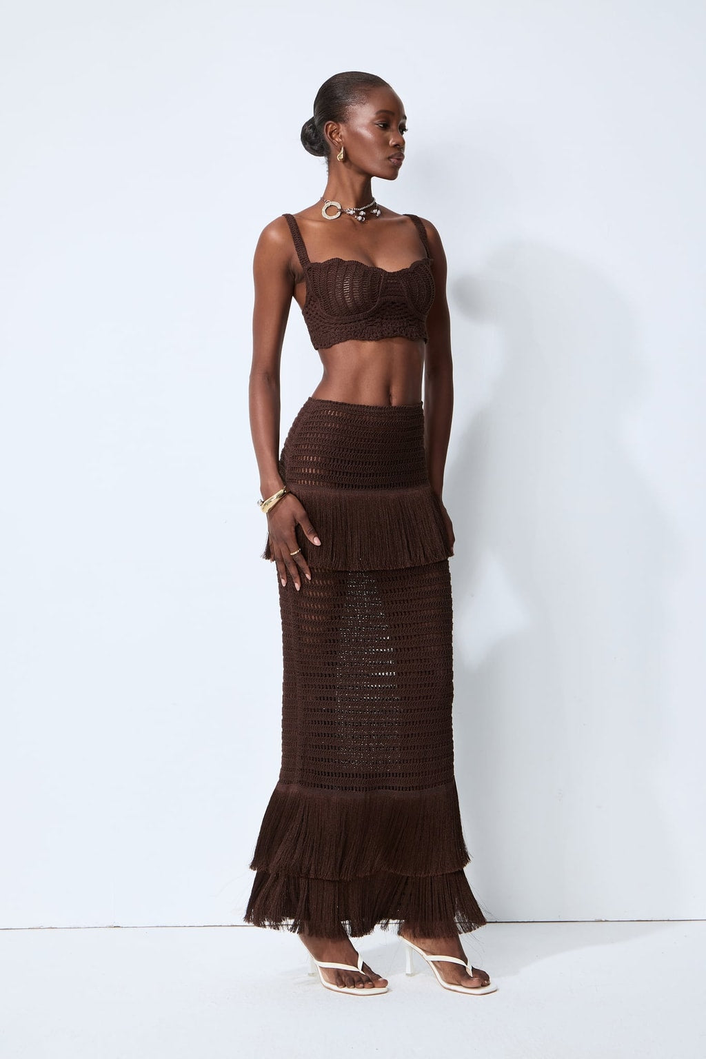 Crochet Knit Cami Top & Fringe Maxi Skirt Set - 3