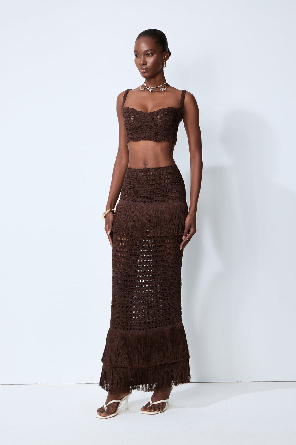 Crochet Knit Cami Top & Fringe Maxi Skirt Set - 2