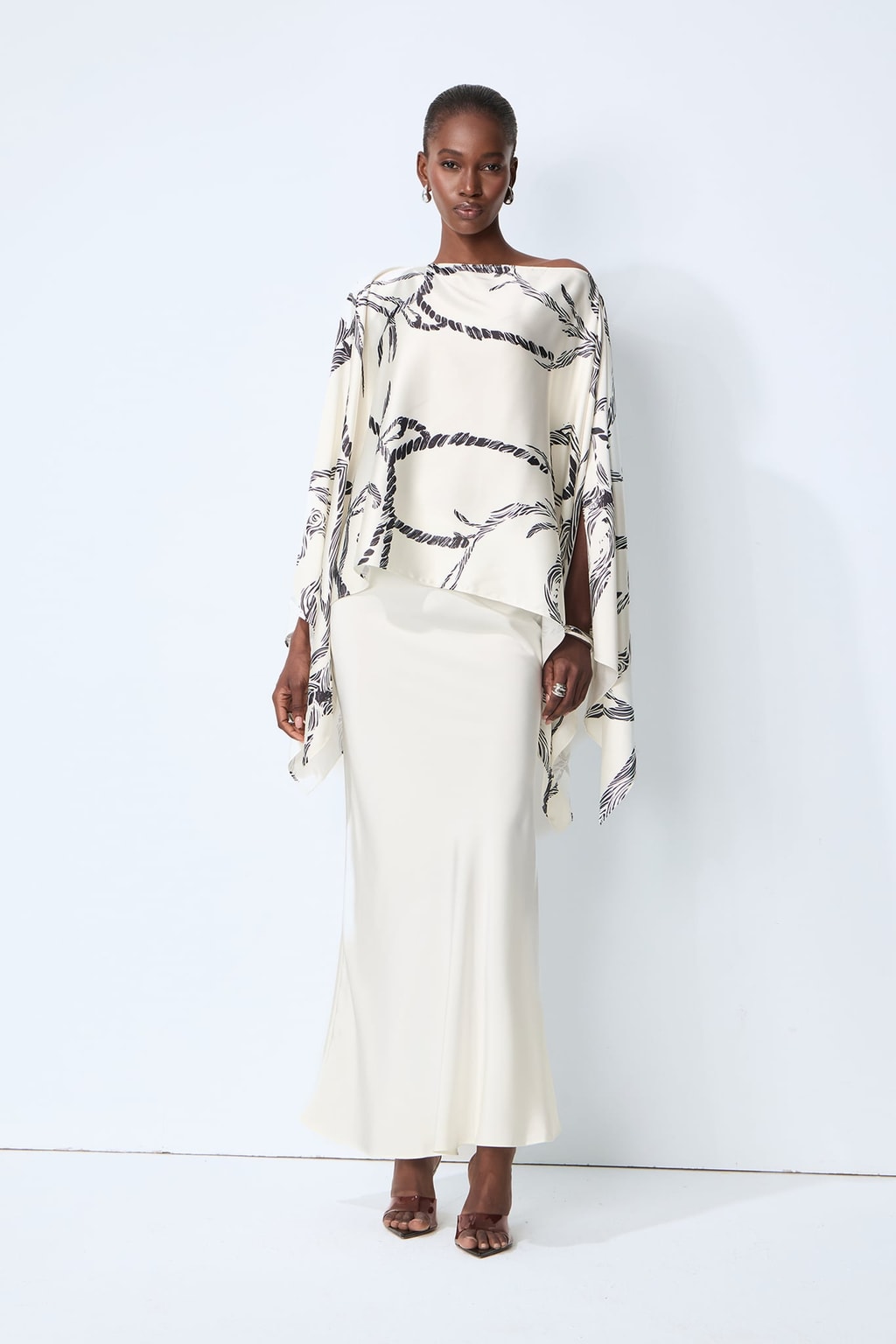 Polyester Abstract Print Cape Blouse And Skirt Set - 6