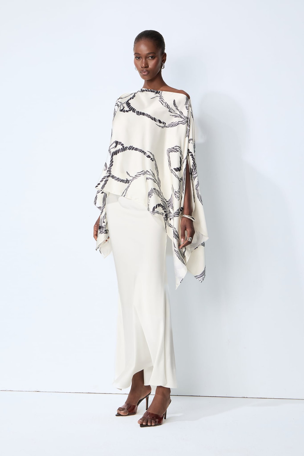 Polyester Abstract Print Cape Blouse And Skirt Set - 3