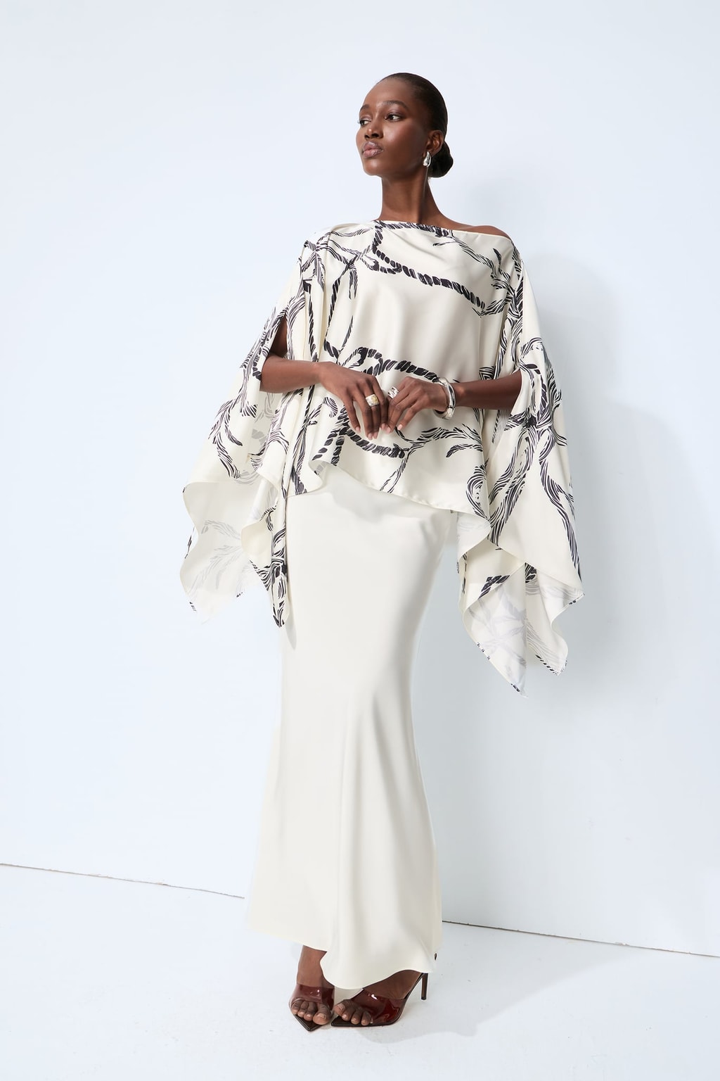 Polyester Abstract Print Cape Blouse And Skirt Set - 2