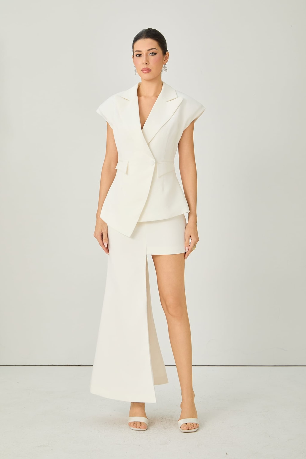 Crepe Lapel Vest Top & Asymmetric Maxi Skirt Set - 2