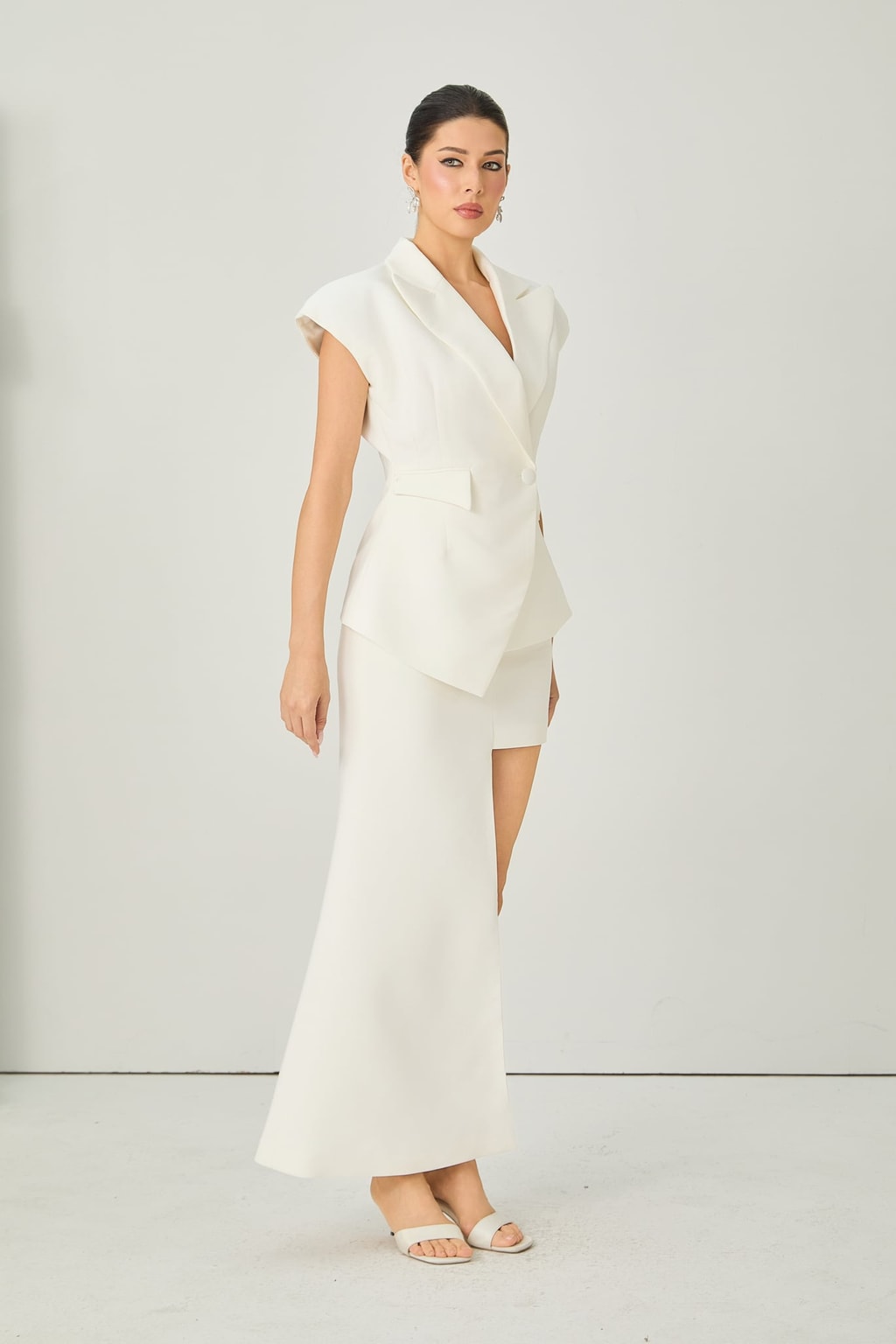 Crepe Lapel Vest Top & Asymmetric Maxi Skirt Set - 3