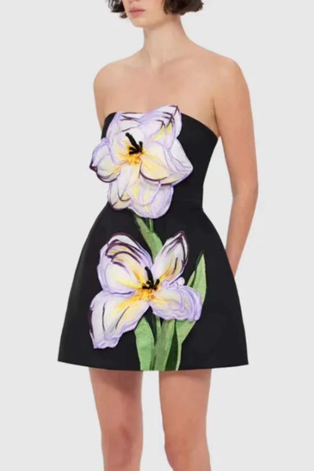 Chic Black Cotton-Blend Floral A-Line Mini Dress - 2