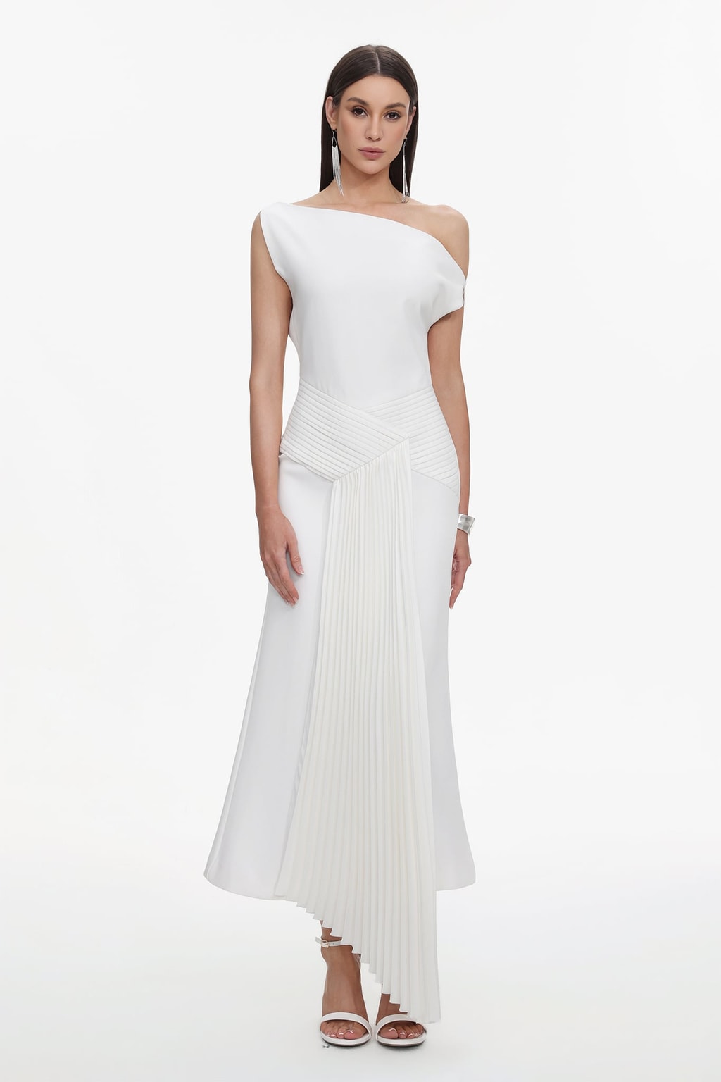 Sleeveless Midi Dress With Oblique Shoulder Neckline - 2