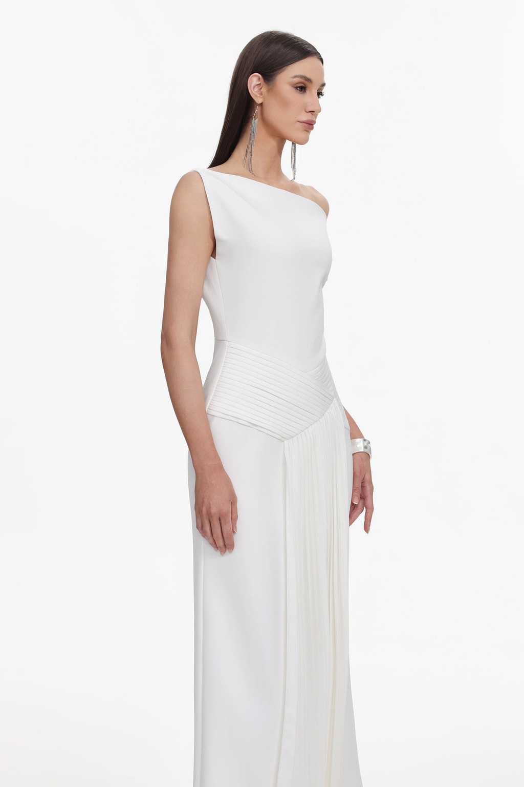 Sleeveless Midi Dress With Oblique Shoulder Neckline - 3