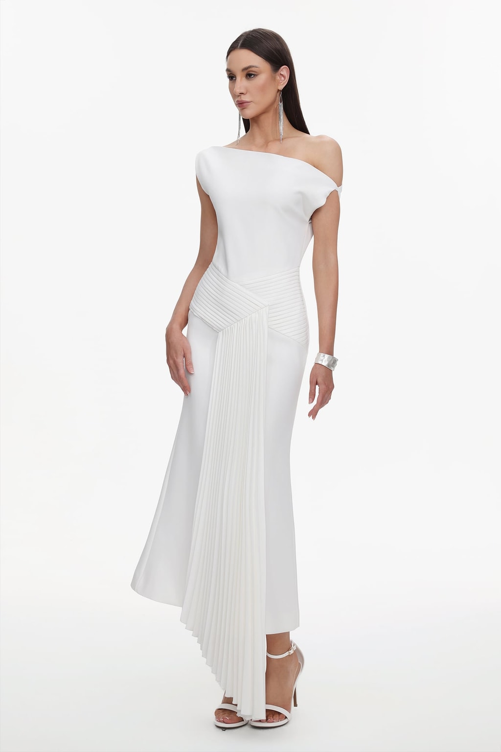 Sleeveless Midi Dress With Oblique Shoulder Neckline - 5