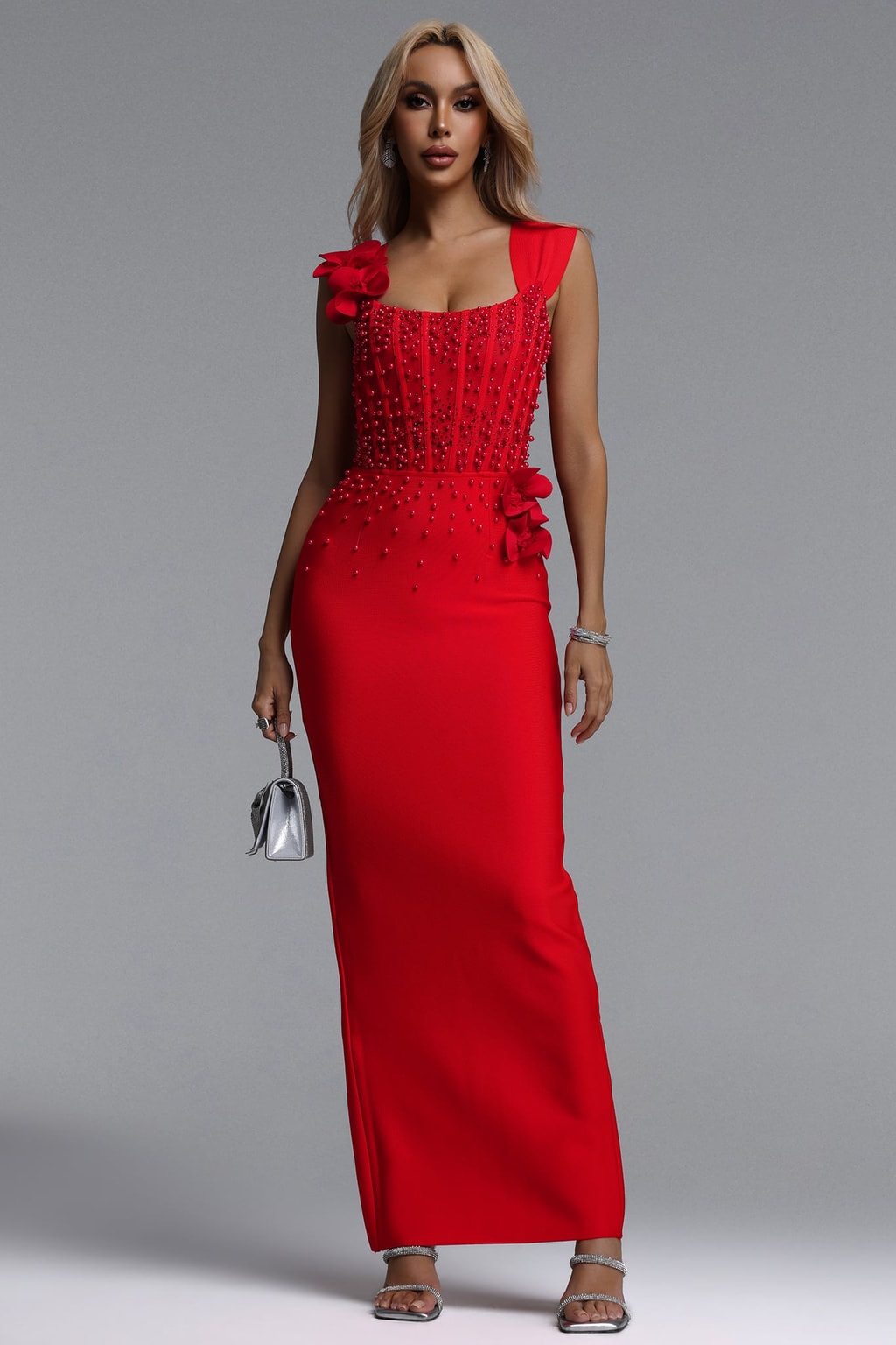 Bandage Maxi Dress With Square Neck And Pearl Detail - 2
