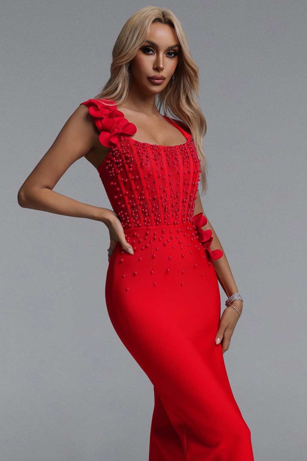 Bandage Maxi Dress With Square Neck And Pearl Detail - 5