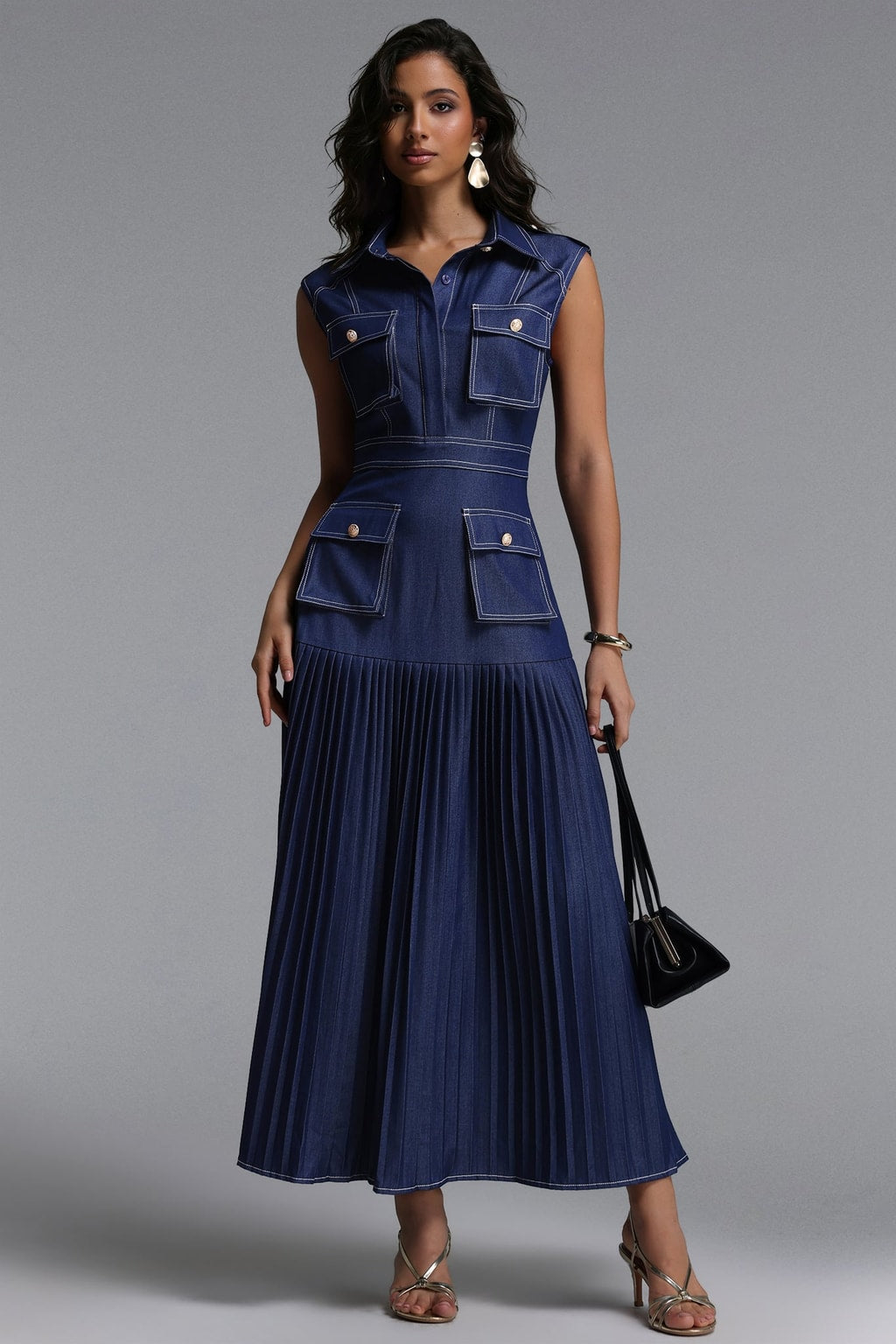 Denim Sleeveless Pleated Maxi Dress - 2