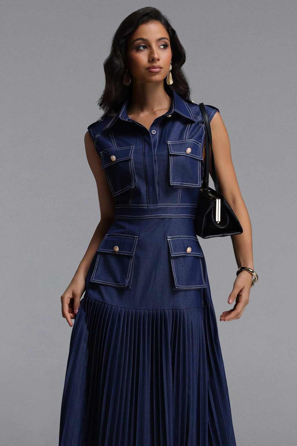 Denim Sleeveless Pleated Maxi Dress - 5