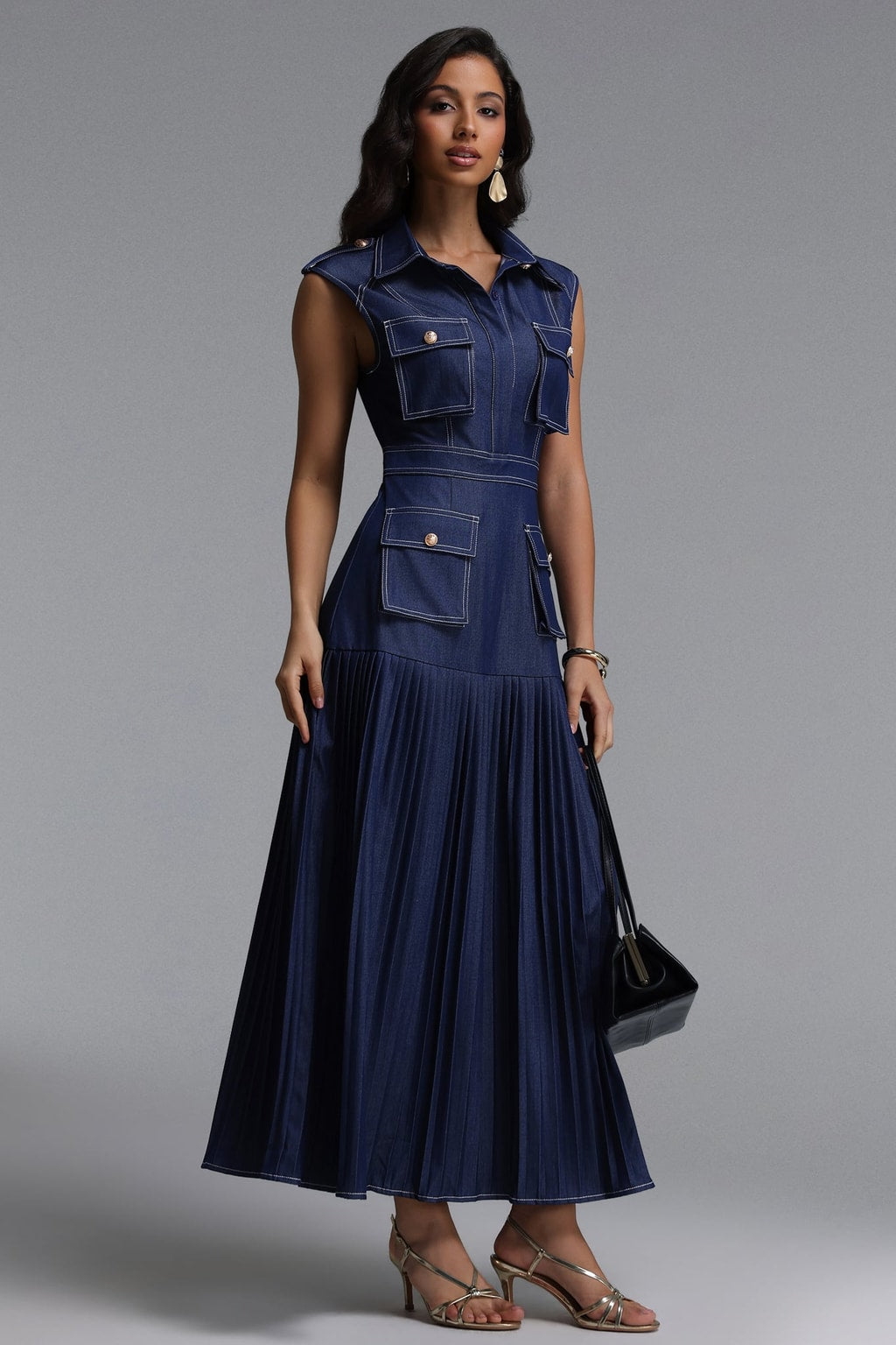 Denim Sleeveless Pleated Maxi Dress - 3