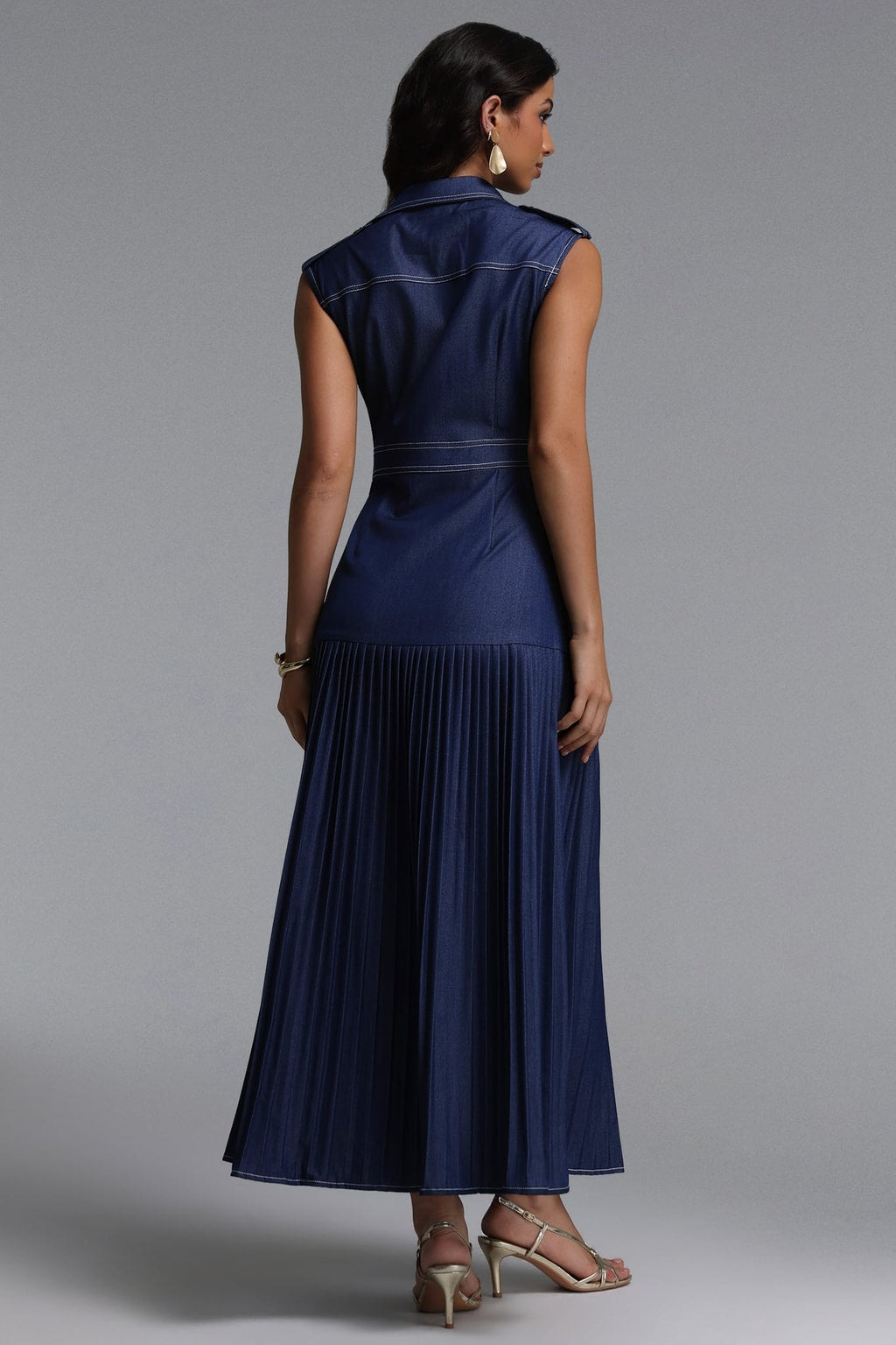 Denim Sleeveless Pleated Maxi Dress - 4