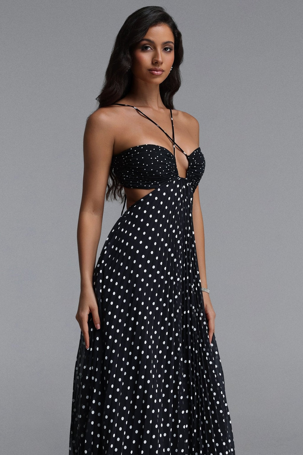 Woven Polka Dot Pleated Maxi Dress With Cut-Out Detail - 5