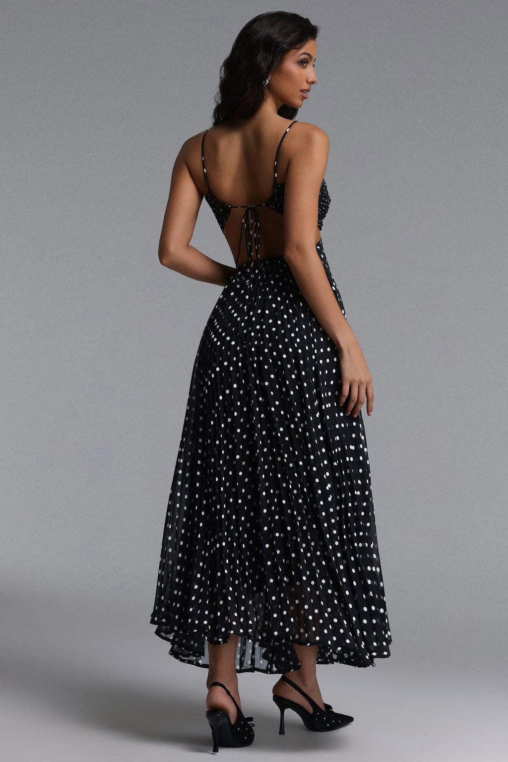 Woven Polka Dot Pleated Maxi Dress With Cut-Out Detail - 4