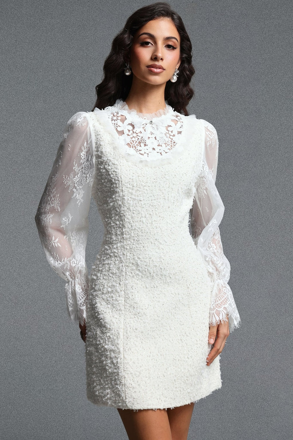 Tweed Long-Sleeve Lace-Trim Mini Dress - 3