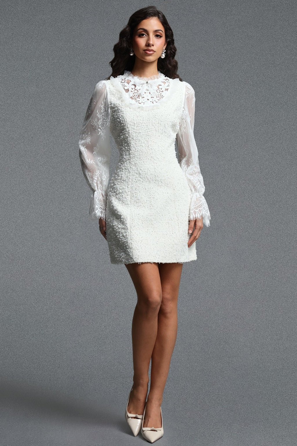 Tweed Long-Sleeve Lace-Trim Mini Dress - 2