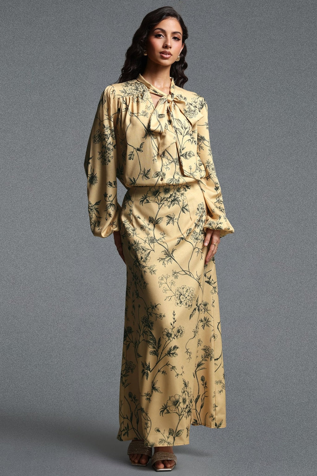 Woven Floral Print Long Sleeve Two-Piece Set - 2