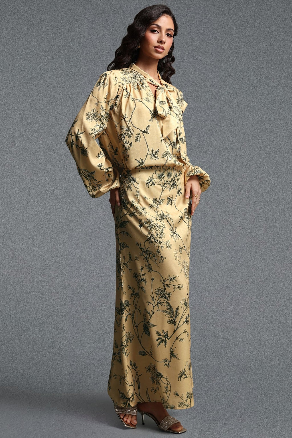 Woven Floral Print Long Sleeve Two-Piece Set - 3