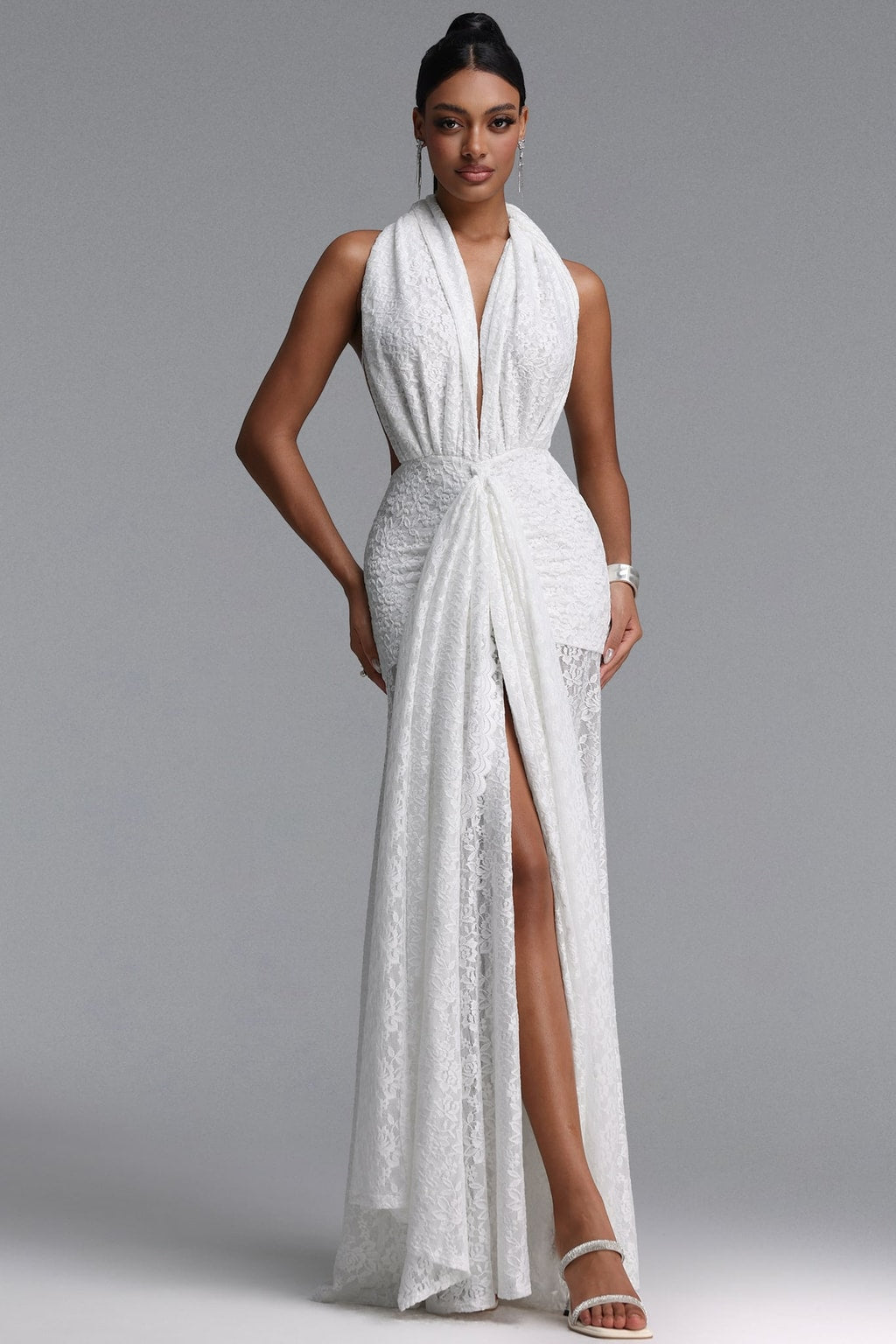 Lace Halter Maxi Dress With Ruched Waist - 2