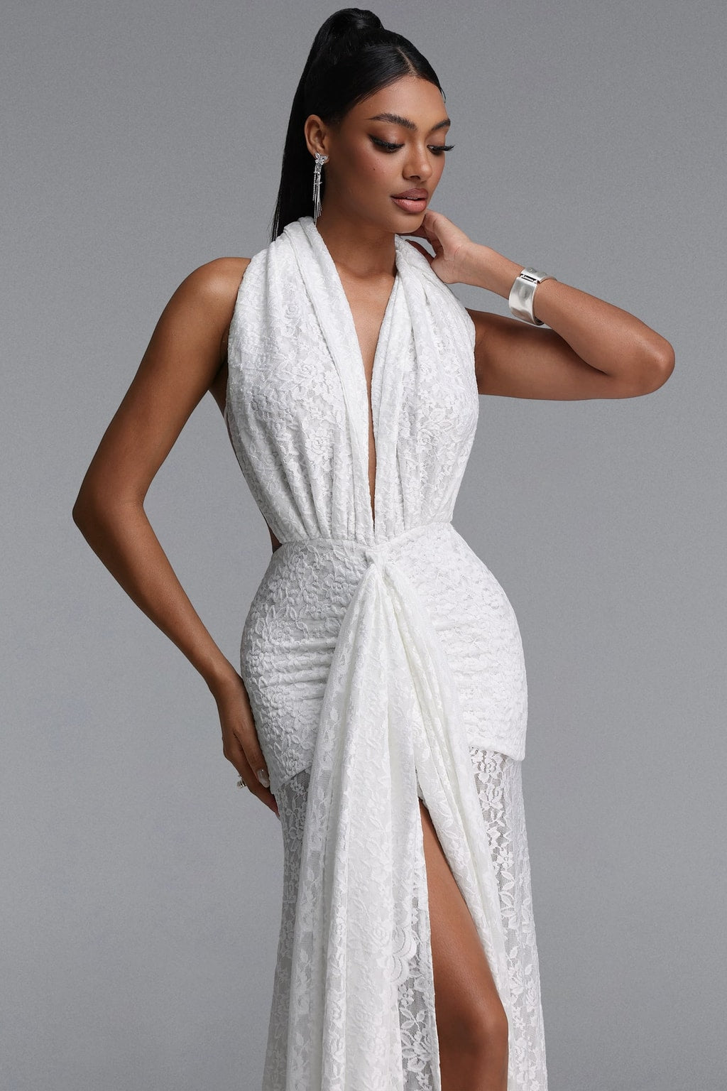 Lace Halter Maxi Dress With Ruched Waist - 5