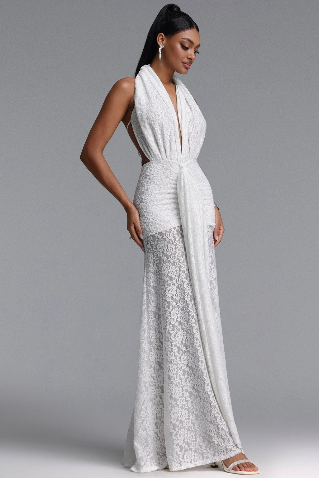 Lace Halter Maxi Dress With Ruched Waist - 3