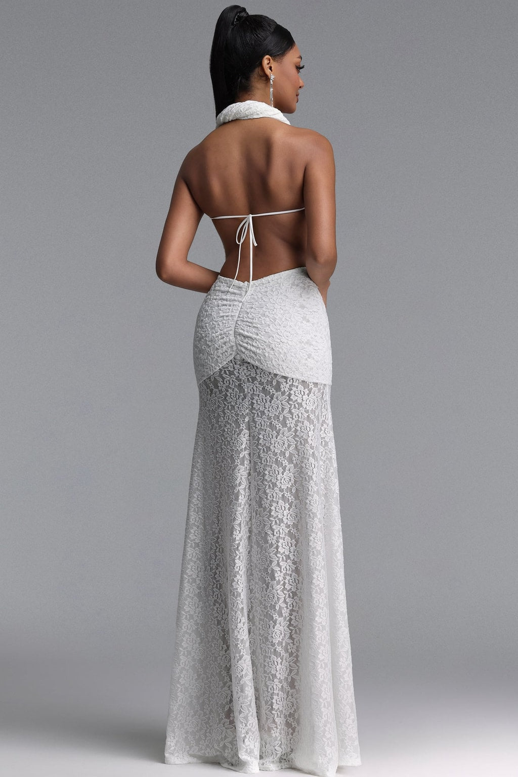 Lace Halter Maxi Dress With Ruched Waist - 4