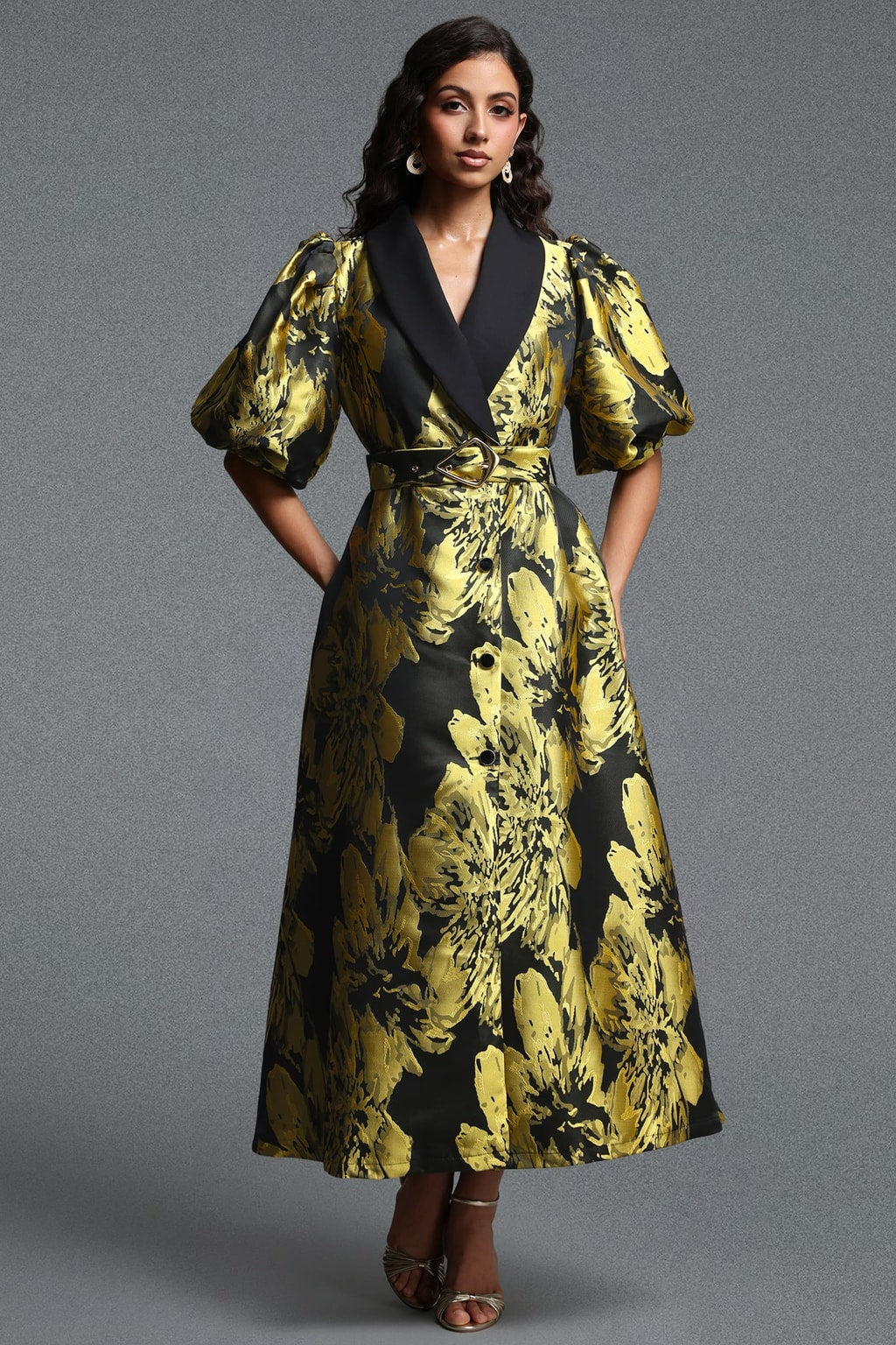 Jacquard Puff Sleeve Tailored Maxi Dress - 2