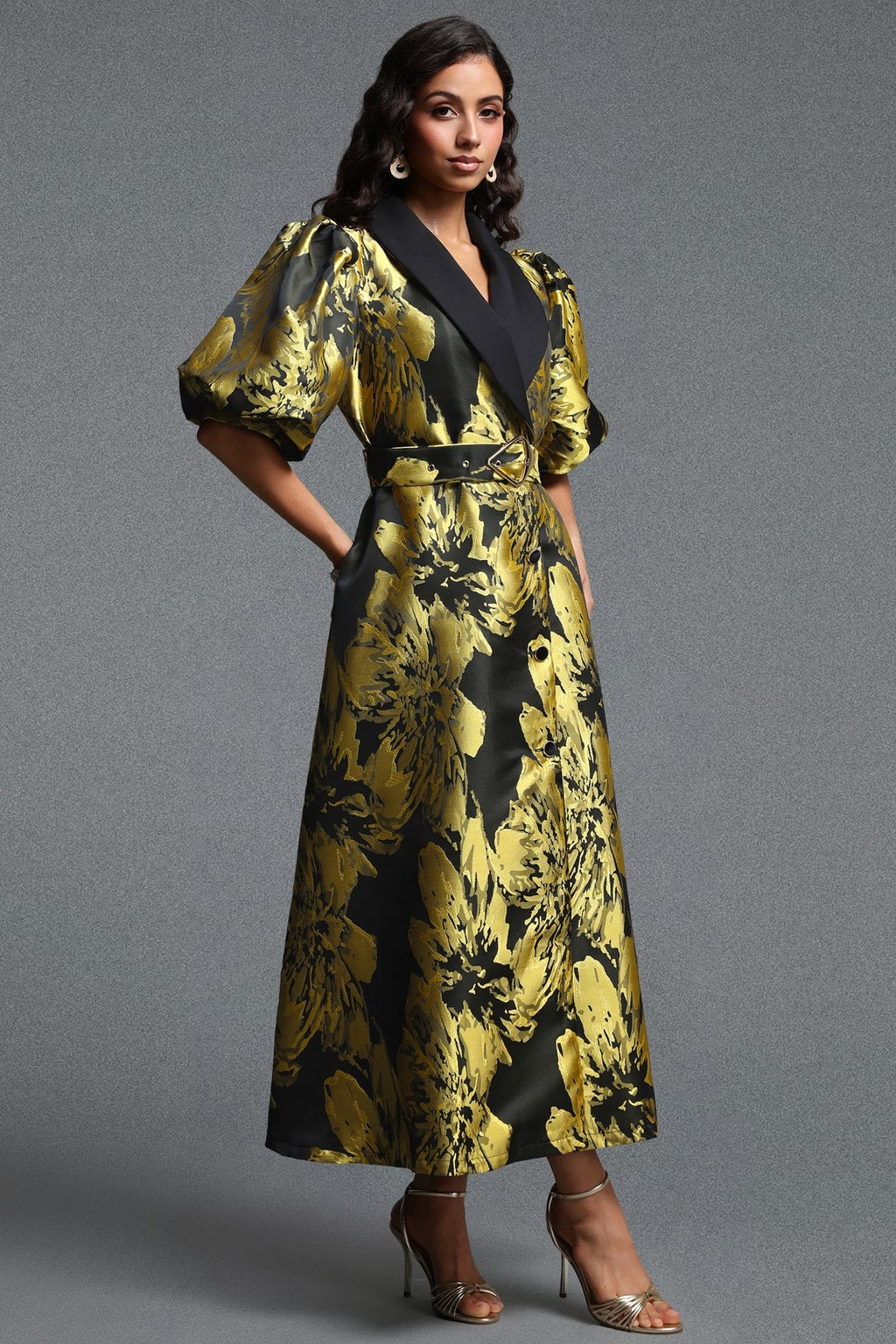 Jacquard Puff Sleeve Tailored Maxi Dress - 3
