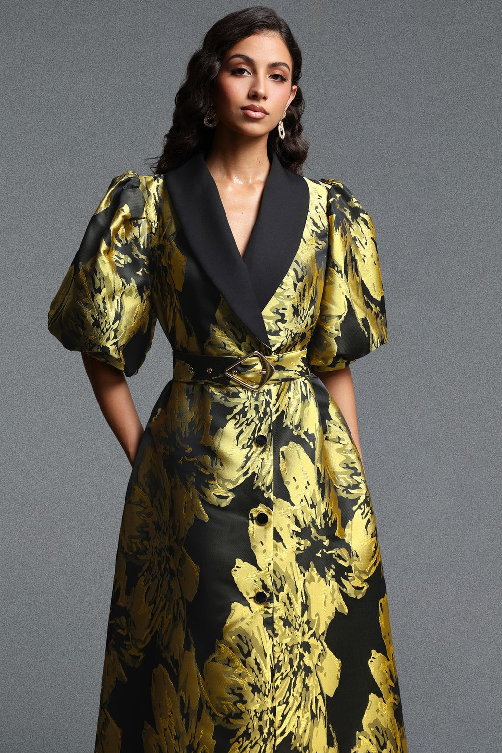 Jacquard Puff Sleeve Tailored Maxi Dress - 5