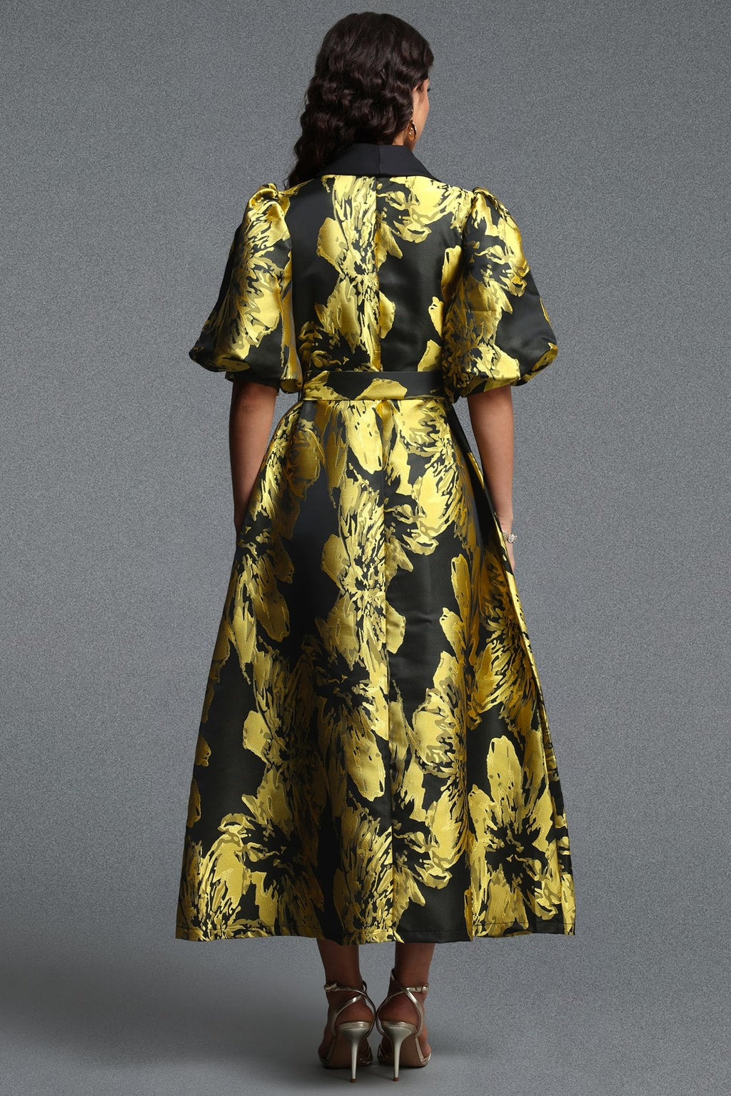 Jacquard Puff Sleeve Tailored Maxi Dress - 4