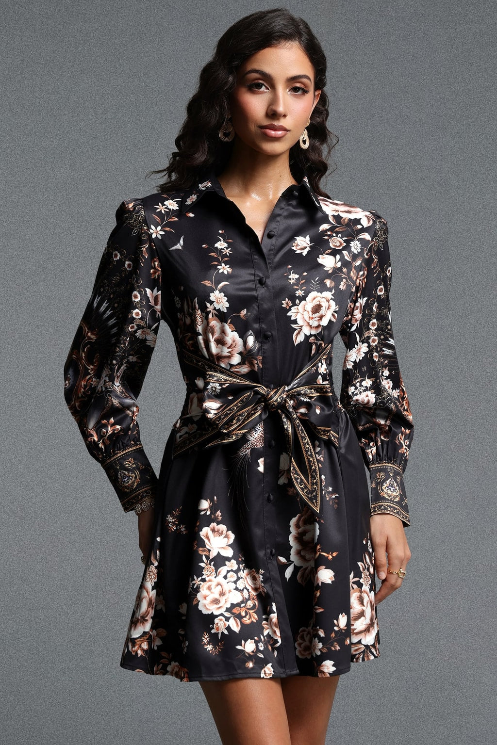 Woven Floral Print Long Sleeve Mini Dress - 5