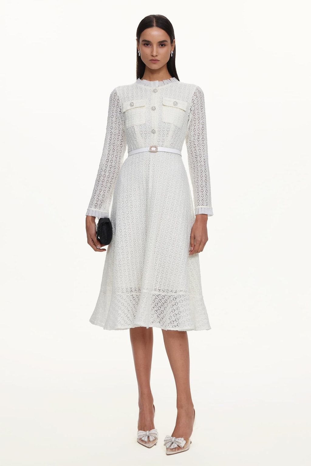 Lace Long Sleeve Rhinestone Maxi Dress - 2