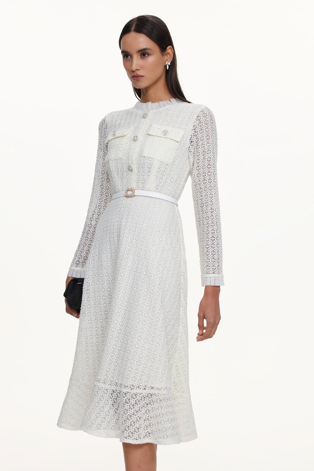 Lace Long Sleeve Rhinestone Maxi Dress - 5