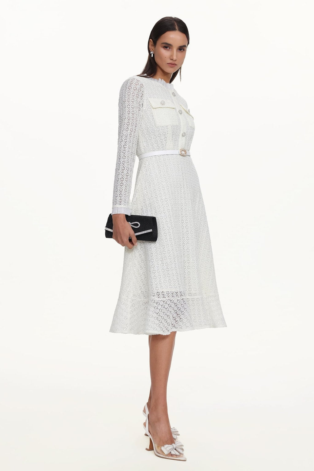 Lace Long Sleeve Rhinestone Maxi Dress - 3