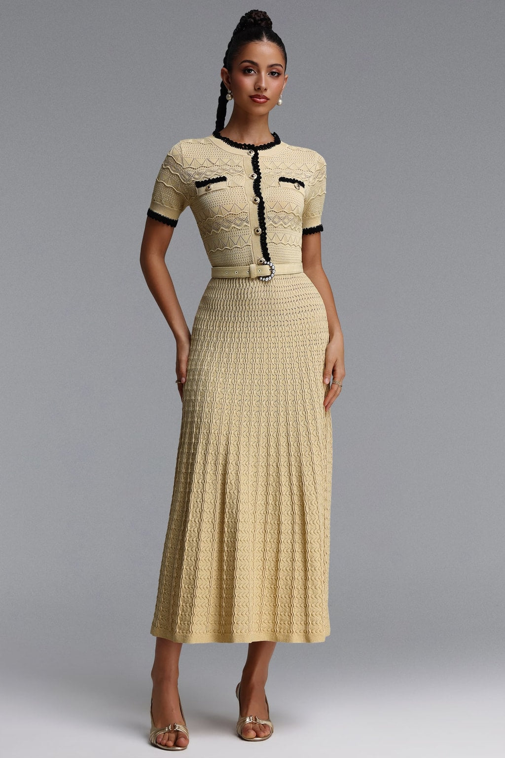 Knit Maxi Dress With Round Neck And Short Sleeves - 2