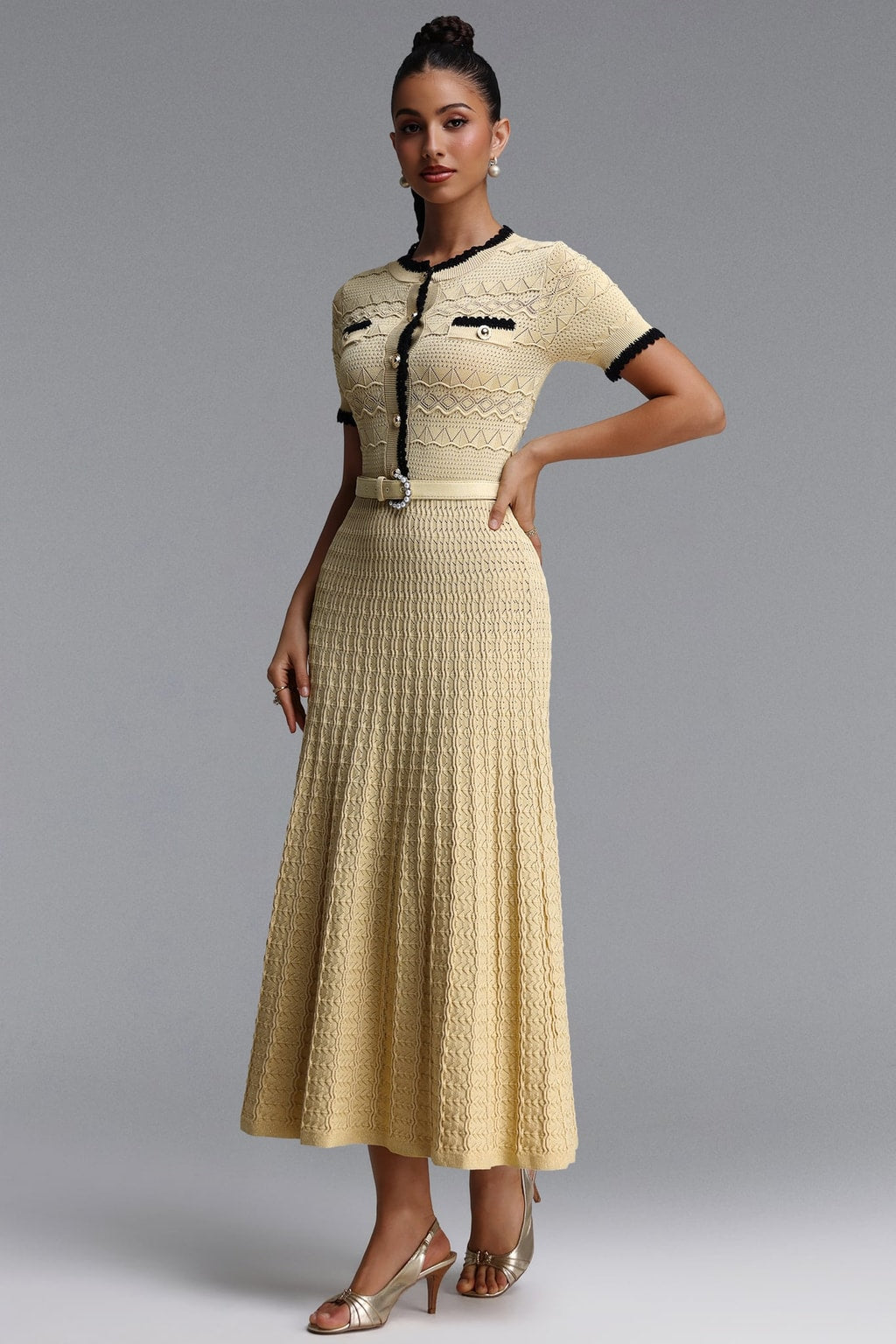 Knit Maxi Dress With Round Neck And Short Sleeves - 3