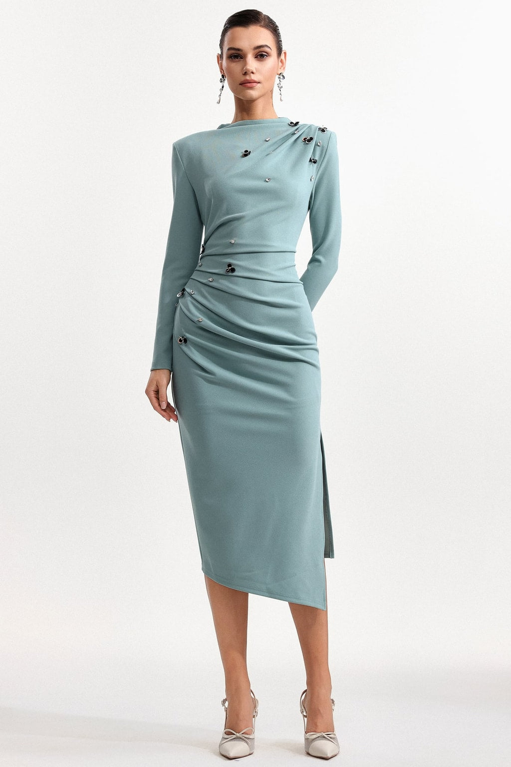 Sequin Floral Knit Midi Dress With Long Sleeves - 2