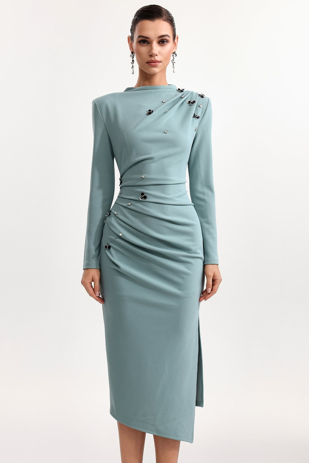 Sequin Floral Knit Midi Dress With Long Sleeves - 5