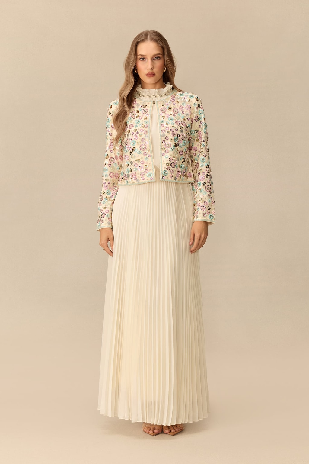 Terylene Embellished Cropped Jacket And Pleated Dress Set - 2