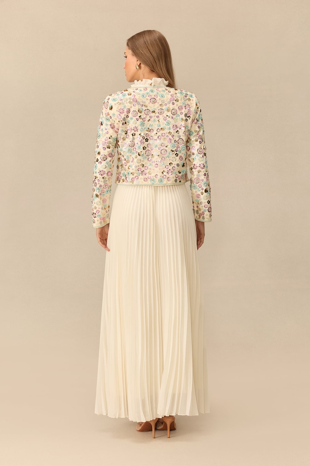 Terylene Embellished Cropped Jacket And Pleated Dress Set - 3