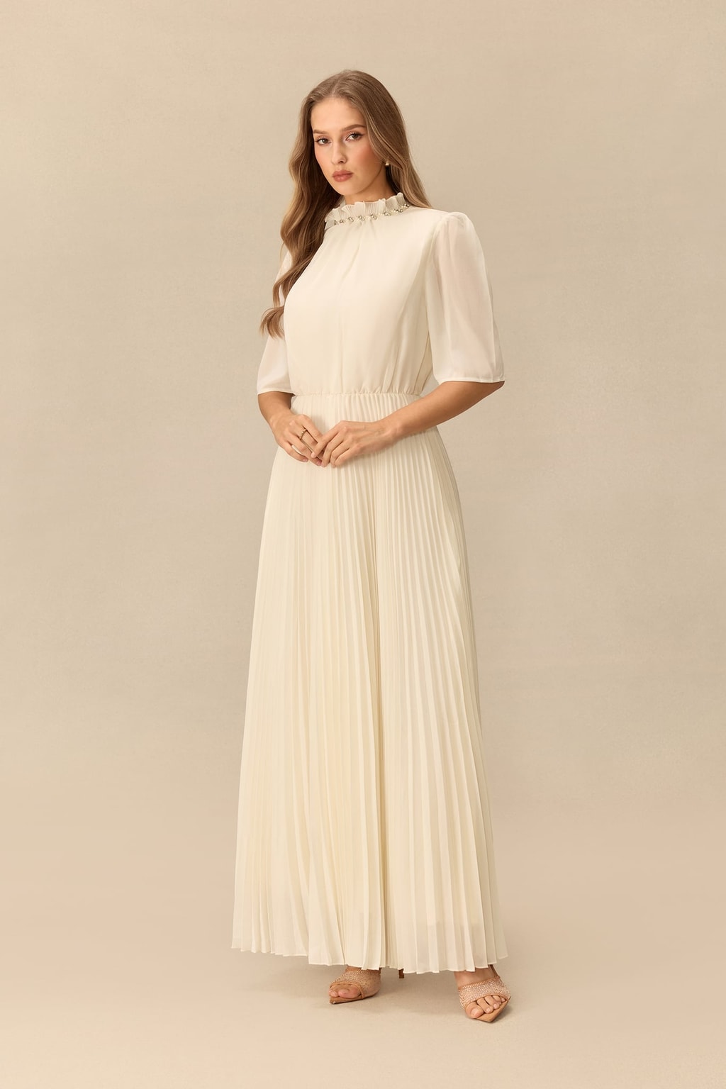 Terylene Embellished Cropped Jacket And Pleated Dress Set - 4