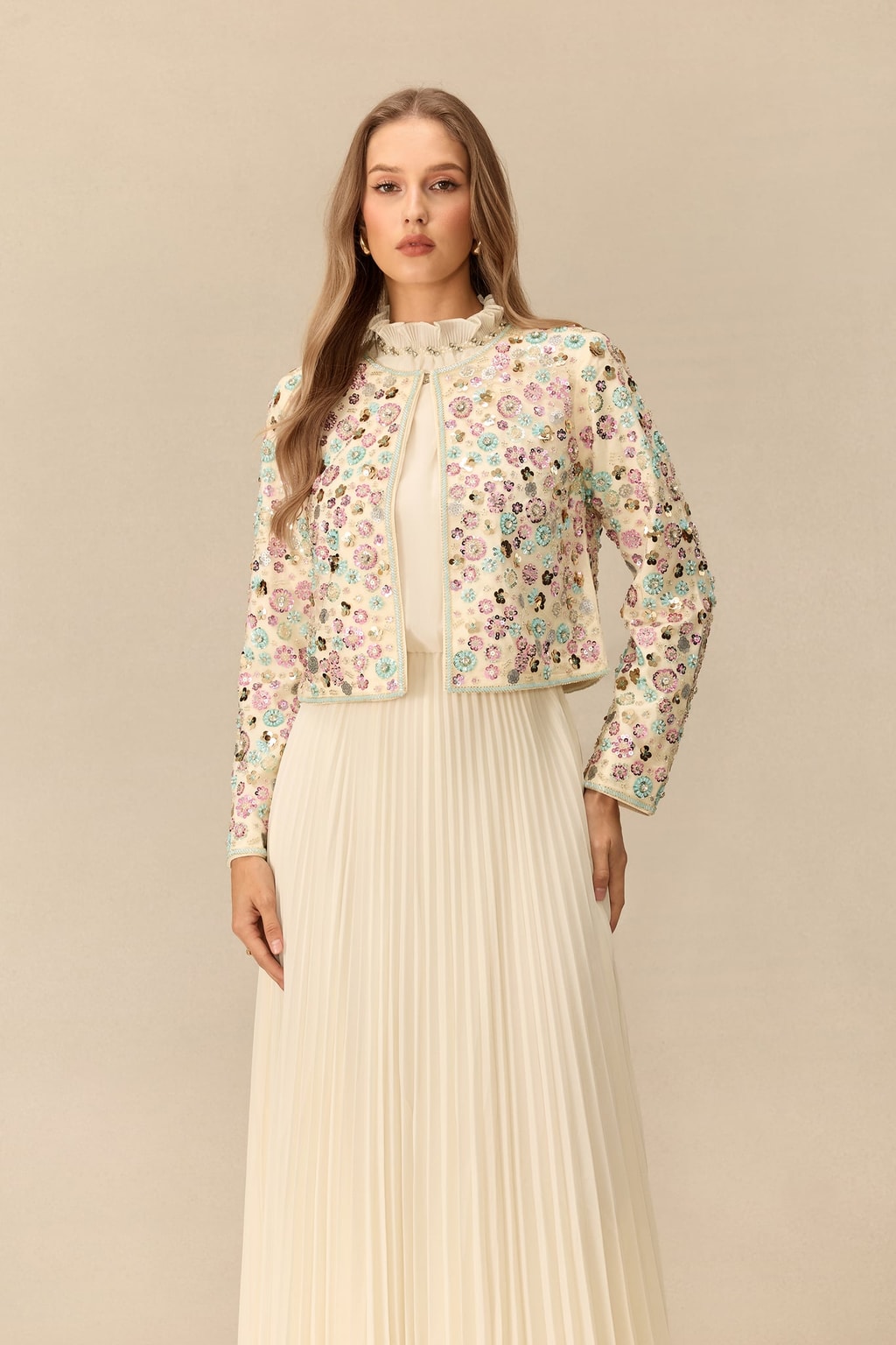Terylene Embellished Cropped Jacket And Pleated Dress Set - 5