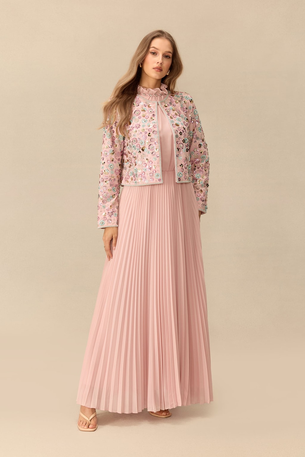 Terylene Embellished Cropped Jacket And Pleated Dress Set - 6