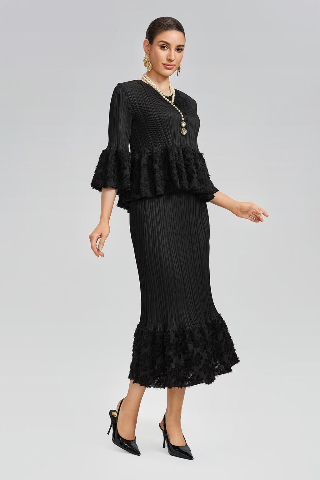Stretch Set With Pleated Bell Sleeves - 6