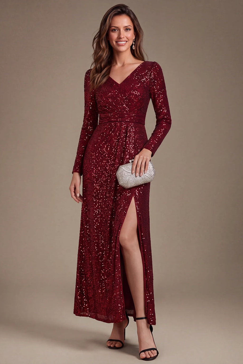 Sequin Evening Dress With Long Sleeve Sheath Fit - 6