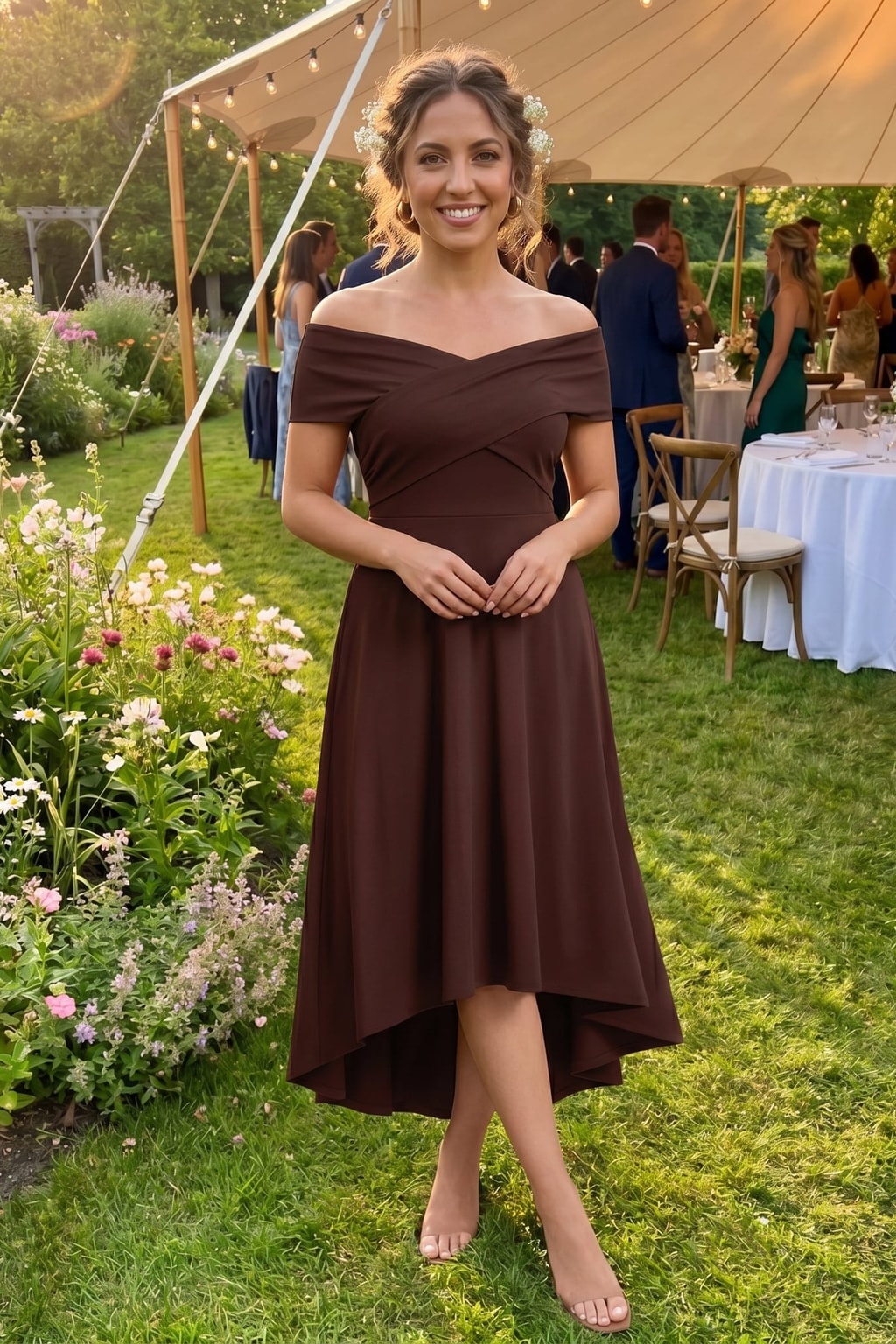 Knit Off-the-Shoulder A-Line Wedding Guest Dress - 7