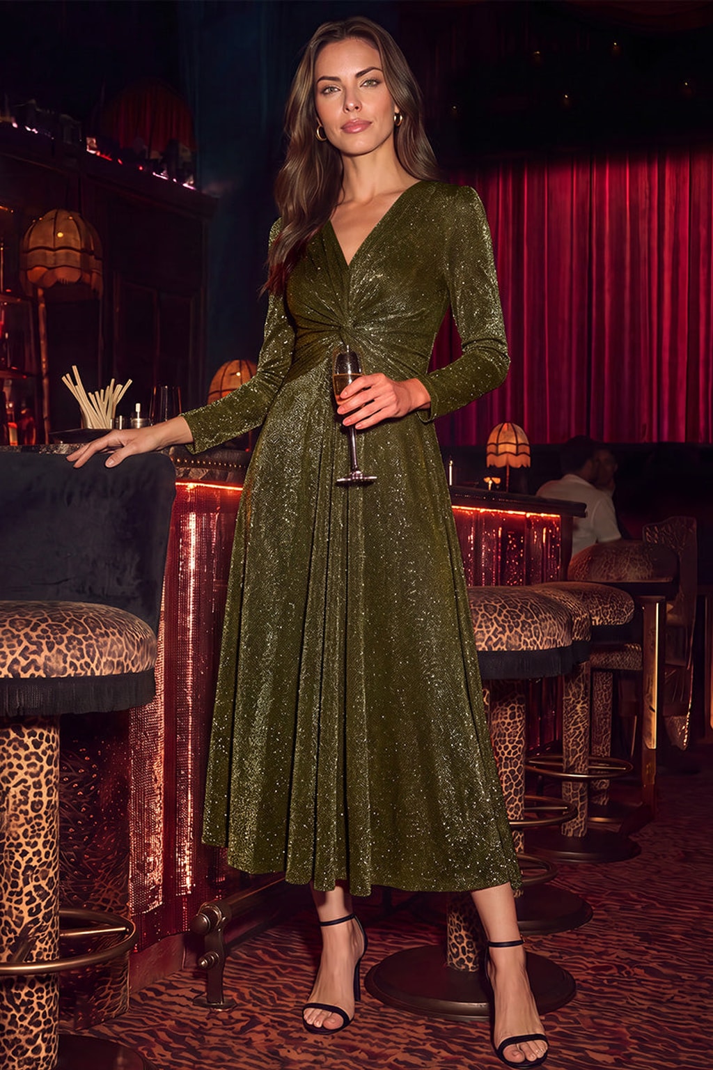 Glitter Knit Long Sleeve Wedding Guest Dress - 2