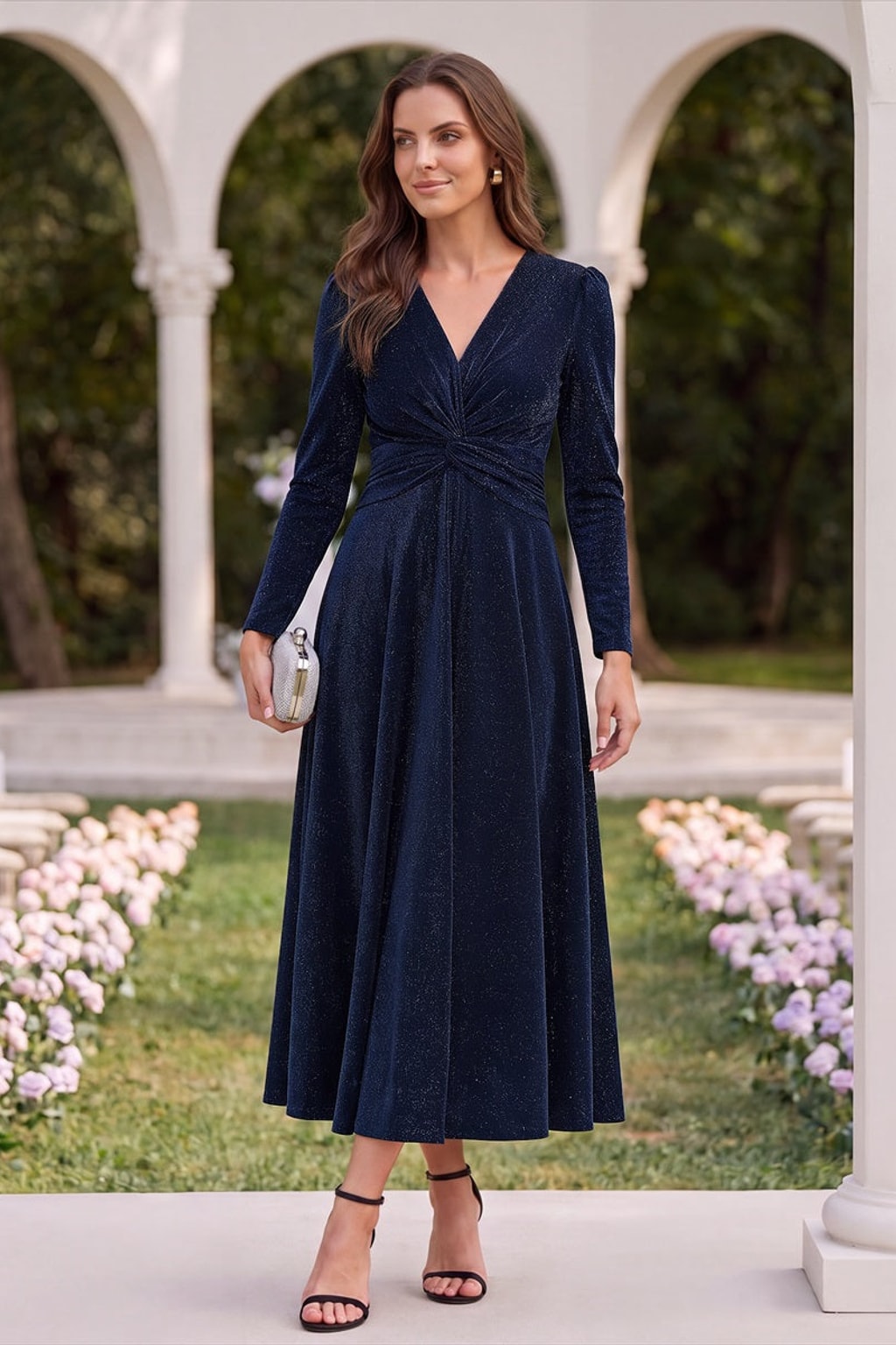 Glitter Knit Long Sleeve Wedding Guest Dress - 8