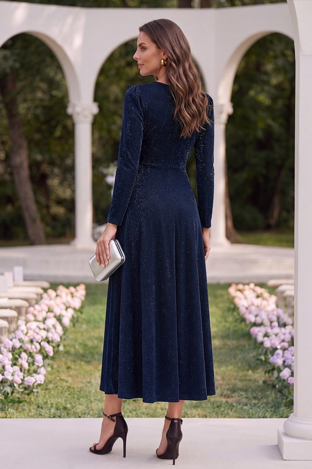 Glitter Knit Long Sleeve Wedding Guest Dress - 9